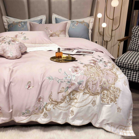 Lenjerie de pat bumbac satinat cu broderie, 4 piese, roz deschis [2]