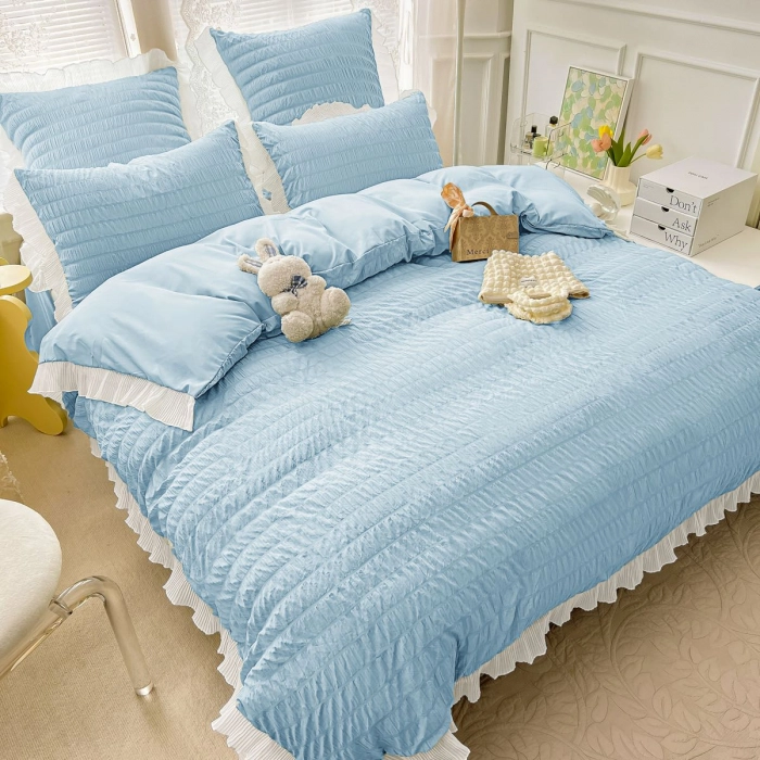 Lenjerii Creponate - Lenjerie De Pat Creponata Cu Volanase - Blue