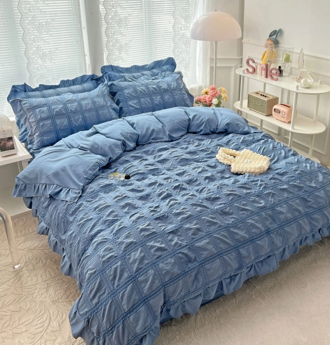 Lenjerie De Pat Creponata Cu Volanase - Albastru [1]