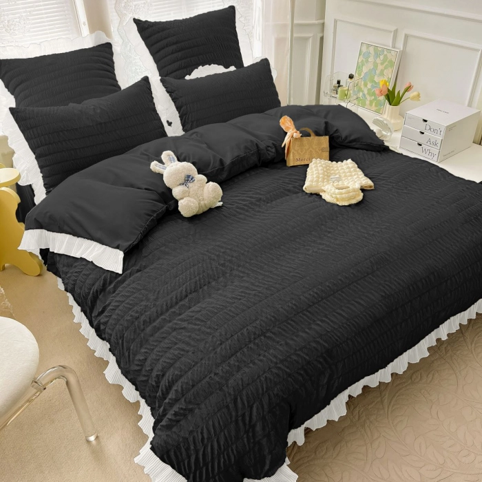 Lenjerii Creponate - Lenjerie De Pat Creponata Cu Volanase - Black
