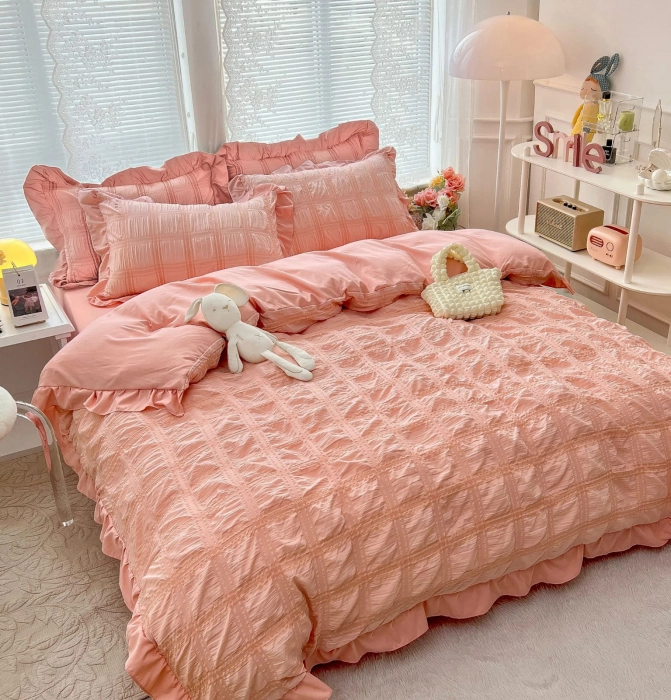 Lenjerii Creponate - Lenjerie De Pat Creponata Cu Volanase - Peach