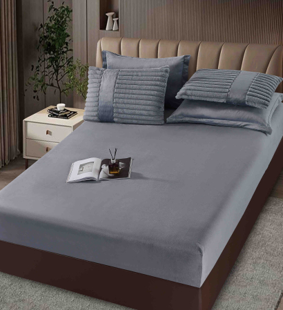 Lenjerie de pat cu Pilota Inclusa, Cearceaf cu Elastic, 6 Piese, Blana de Iepure Artificiala si Catifea, Gri [3]