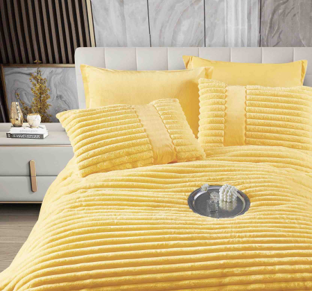 Lenjerie de pat cu Pilota Inclusa, Cearceaf cu Elastic, 6 Piese, Blana de Iepure Artificiala si Catifea, Galben [1]