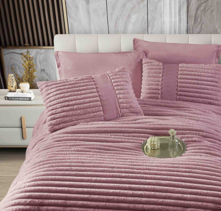 Lenjerie de pat cu Pilota Inclusa, Cearceaf cu Elastic, 6 Piese, Blana de Iepure Artificiala si Catifea, Roz [2]