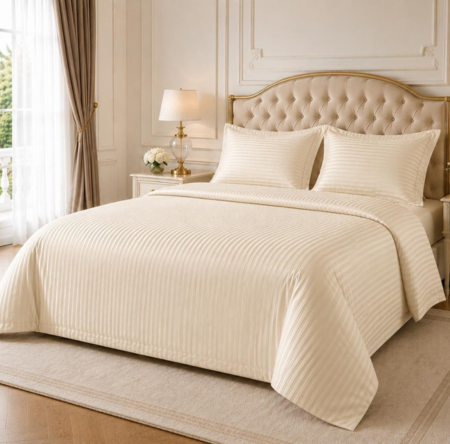 Lenjerii De Pat Damasc 2 Persoane - lenjerie-de-pat-damasc-hotel-165g/mp-king-size-bumbac-premium-crem-casimi