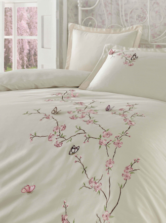 Lenjerie De Pat Premium, Bumbac 100%,  6 piese, Butterfly, Bej [1]