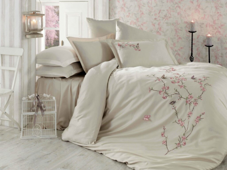 Lenjerii Premium Collection - Lenjerie De Pat Premium, Bumbac 100%,  6 piese, Butterfly, Bej