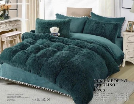Lenjerii De Pat Cocolino Fluffy - Set Lenjerie Super Pufoasa Cocolino, Model Fluffy, 6 piese, Pat 2 Persoane, VERDE INCHIS_JO