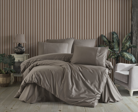 Lenjerii Damasc 2 Persoane - Lenjerie Pat 2 Persoane Bumbac Satinat Plain Camel