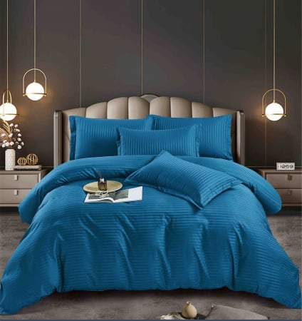 Lenjerii Damasc 2 Persoane - Lenjerie pat dublu, damasc finetat Deluxe, 6 piese , Albastru