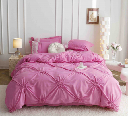 Lenjerii De Pat Inimi Brodate - Lenjerie pat dublu din bumbac finet, inimi brodate, 6 piese, roz