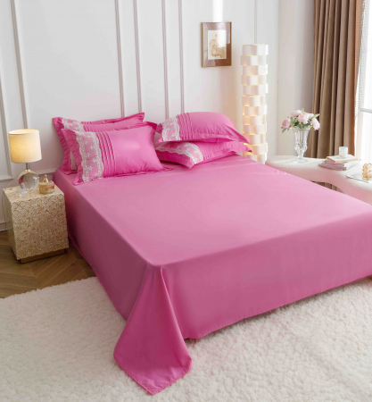 Lenjerie pat dublu din bumbac finet, inimi brodate, 6 piese, roz [3]