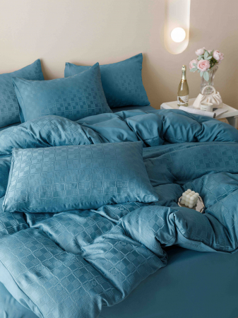 Lenjerie pat 2 persoane, 6 piese, din jacquard finetat, turcoaz [1]