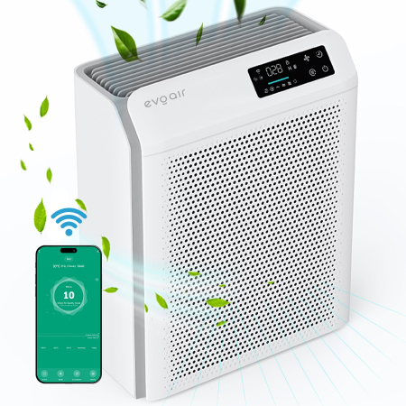 CALITATE AER - Purificator de aer Evoair HOMI P300, CADR 300m³/h, WI-FI, Filtru True Hepa, Mod Auto, Lampa UV, Ionizare, 6 Moduri Functionare, Senzor Calitate Aer, Alb