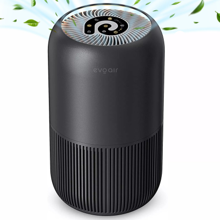 CALITATE AER - Purificator de aer Evoair, YuvoSpin, Lampă UV-C, Filtru 3in1, True Hepa, Carbon Activ, Pre-filtru, 4 viteze, Funcție Polen/Animale, Mod Noapte, Blocare Ecran, Lumină Ambientală, Negru