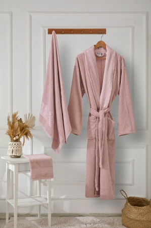 HALATE BAIE - Set Halat de Baie Premium + 2 Prosoape, Bumbac 100%, Roz, Ambalat in Cutie Cadou