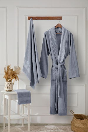 HALATE BAIE - Set Halat de Baie Premium + 2 Prosoape, Bumbac 100%, Albastru, Ambalat in Cutie Cadou