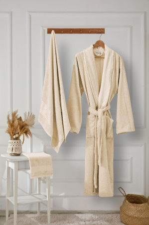 HALATE BAIE - Set Halat de Baie Premium + 2 Prosoape, Bumbac 100%, Crem, Ambalat in Cutie Cadou