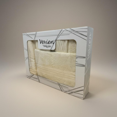 Set Halat de Baie Premium + 2 Prosoape, Bumbac 100%, Crem, Ambalat in Cutie Cadou [1]