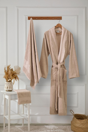 HALATE BAIE - Set Halat de Baie Premium + 2 Prosoape, Bumbac 100%, Maro, Ambalat in Cutie Cadou