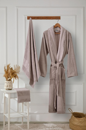 HALATE BAIE - Set Halat de Baie Premium + 2 Prosoape, Bumbac 100%, Cappuccino, Ambalat in Cutie Cadou