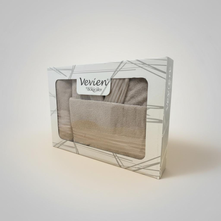 Set Halat de Baie Premium + 2 Prosoape, Bumbac 100%, Cappuccino, Ambalat in Cutie Cadou [1]