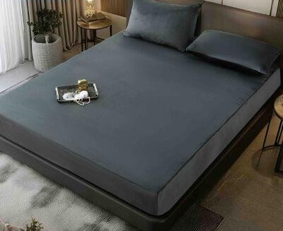 Huse de pat Catifea, pat dublu - Set Husa de Pat cu Elastic din Catifea, UNI, 3 Piese, Gri inchis