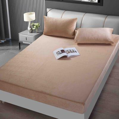 Huse de pat Catifea, pat dublu - Set Husa de Pat cu Elastic din Catifea, UNI, 3 Piese, Bej