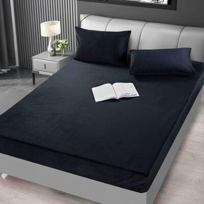 Huse de pat Catifea, pat dublu - Set Husa de Pat cu Elastic din Catifea, UNI, 3 Piese, Negru