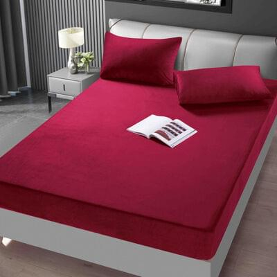 Huse de pat Catifea, pat dublu - Set Husa de Pat cu Elastic din Catifea, UNI, 3 Piese, Rosu