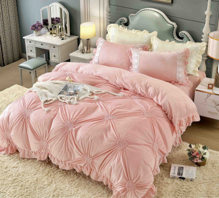 Lenjerii Catifea - Set Lenjerie pat Catifea, Roz  , 4 Piese
