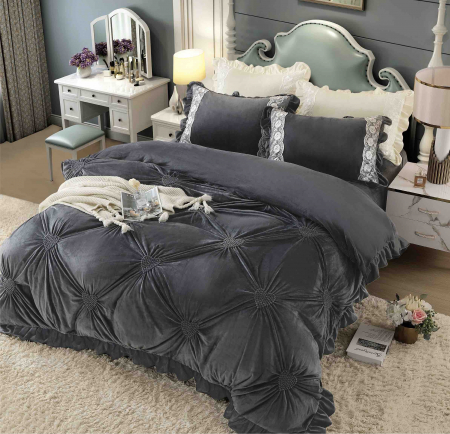 Lenjerii Catifea - Set Lenjerie pat Catifea, Gri Inchis, 4 Piese