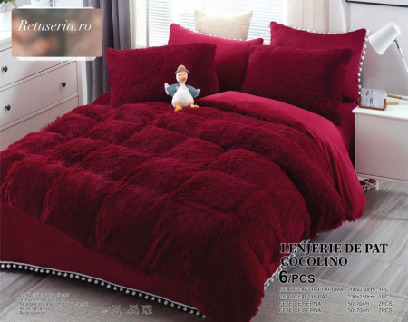 Lenjerii Cocolino Fluffy - Set Lenjerie Super Pufoasa Cocolino, Model Fluffy, 6 piese, Pat 2 Persoane, BORDO_JO
