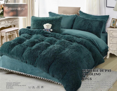 Lenjerii Cocolino Fluffy - Set Lenjerie Super Pufoasa Cocolino, Model Fluffy, 6 piese, Pat 2 Persoane, VERDE INCHIS_JO
