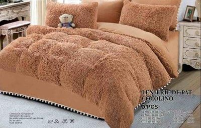 Lenjerii De Pat Cocolino Fluffy - Set Lenjerie Super Pufoasa Cocolino, Model Fluffy, 6 piese, Pat 2 Persoane,Bej Degrade, Cu Ciucuri