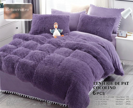 Lenjerii Cocolino Fluffy - Set Lenjerie Super Pufoasa Cocolino, Model Fluffy, 6 piese, Pat 2 Persoane, LILA