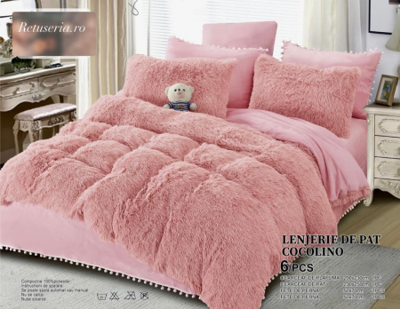 LENJERII DE PAT - Set Lenjerie Super Pufoasa Cocolino, Model Fluffy, 6 piese, Pat 2 Persoane, ROZ PUDRA