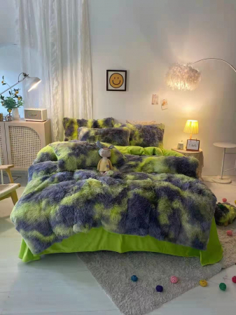 Lenjerii Cocolino Fluffy - Set Lenjerie Super Pufoasa Cocolino, Model Fluffy, 6 piese, Pat 2 Persoane, VERDE&GRI
