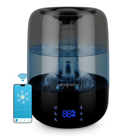 CALITATE AER - Umidificator Evoair LUNO BLACK, Smart, Wifi, Rezervor 2.5L, Capacitate de umidificare 150 ml/h, Senzor umiditate, Autonomie 16 ore, Indicator umiditate și temperatură, Negru&Gri