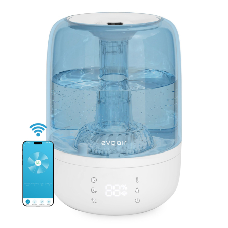 CALITATE AER - Umidificator Evoair LUNO BLUE, Smart, Wifi, Rezervor 2.5LCapacitate de umidificare 150 ml/h, Senzor umiditate, Autonomie 16 ore, Indicator umiditate și temperatură, Alb&Albastru