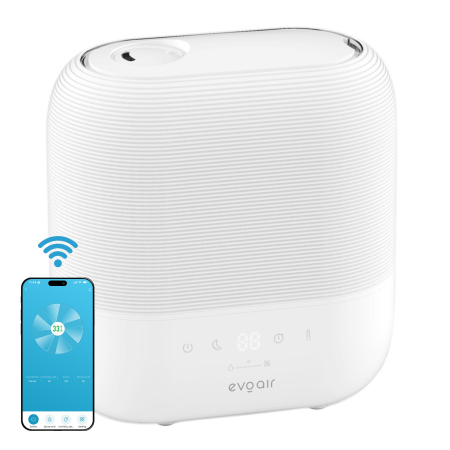 CALITATE AER - Umidificator Evoair UMIVA 4700 Smart, Wifi, Rezervor 4.8L, Capacitate de umidificare 400ml/h, Senzor umiditate, Mod Auto, Autonomie ≥9.5 ore, Aromateriapie, Indicator umiditate și temperatură, Alb