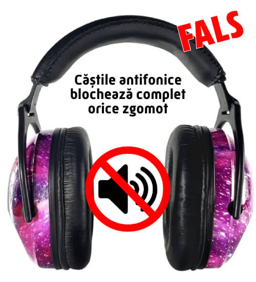 imagine cu casti antifonice si semn de avertizare cu sonor oprit si cuvantul fals