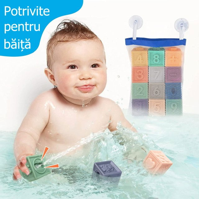 Set 12 cuburi de construit din silicon, jucarie educationala colorata, Empria, Cifre si Forme [15]