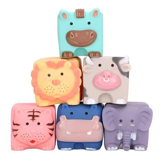 Set 6 cuburi de construit din silicon, jucarie educationala colorata, Empria, animale [6]