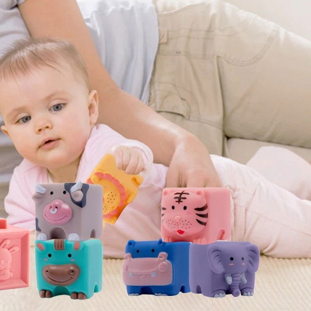 Set 6 cuburi de construit din silicon, jucarie educationala colorata, Empria, animale [5]