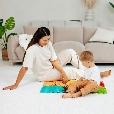 Jucarii senzoriale - Covoras ortopedic, senzorial, set puzzle, 6 piese cu diferite texturi, Sunshine Garden