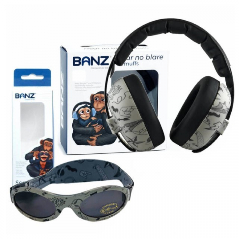Pachet Combo, Casti Antifonice Banz bebe + Ochelari de Soare Protectie UV, 3 - 36 luni, Grafiti