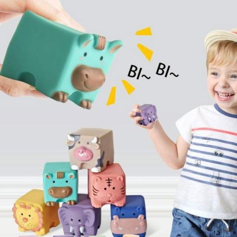 Jucarii senzoriale - Set 6 cuburi de construit din silicon, jucarie educationala colorata, Empria, animale