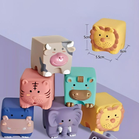 Set 6 cuburi de construit din silicon, jucarie educationala colorata, Empria, animale [6]