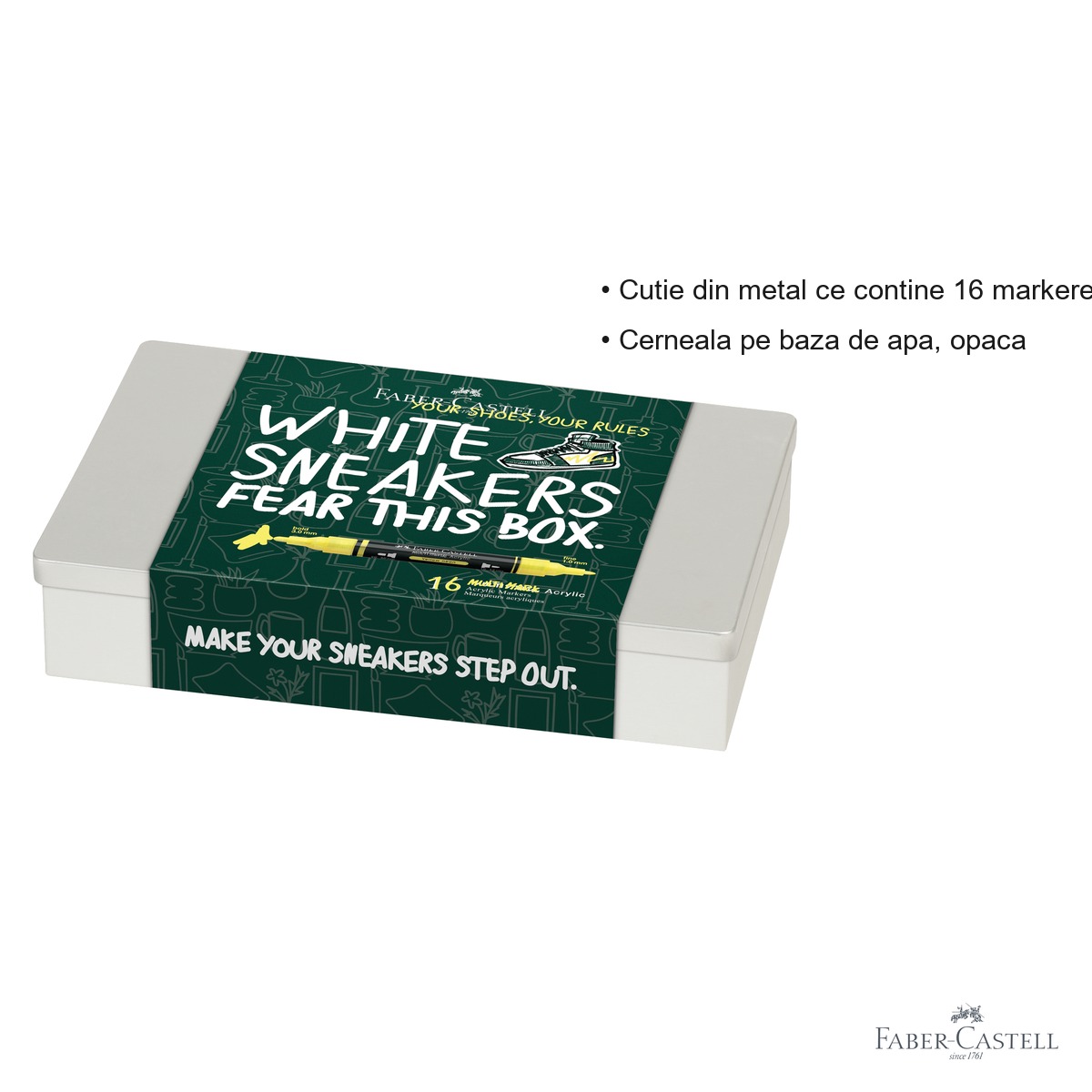 Set 16 markere acrilice Faber-Castell Multimark, varf dublu, cutie metal, pentru diverse suprafete [3]